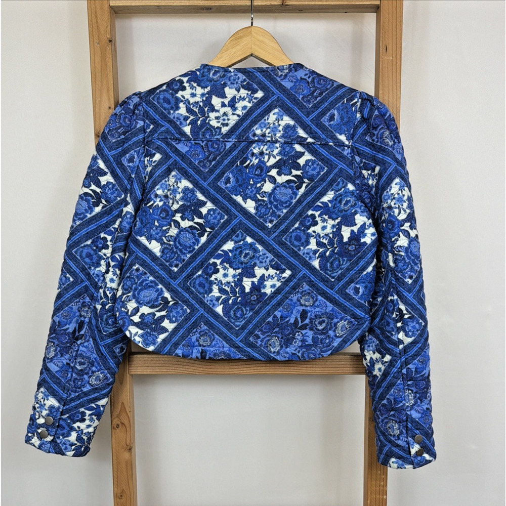 7 For All Mankind Quilted Blue Pattern Zip Up Crop Jacket #1564 Size SMALL - Picture 3 of 5